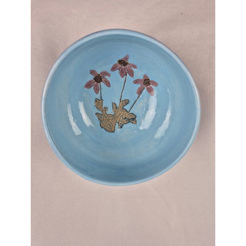 SWB Signed Studio Pottery Ceramic Floral Bowl Blue Hand Painted Art Potter